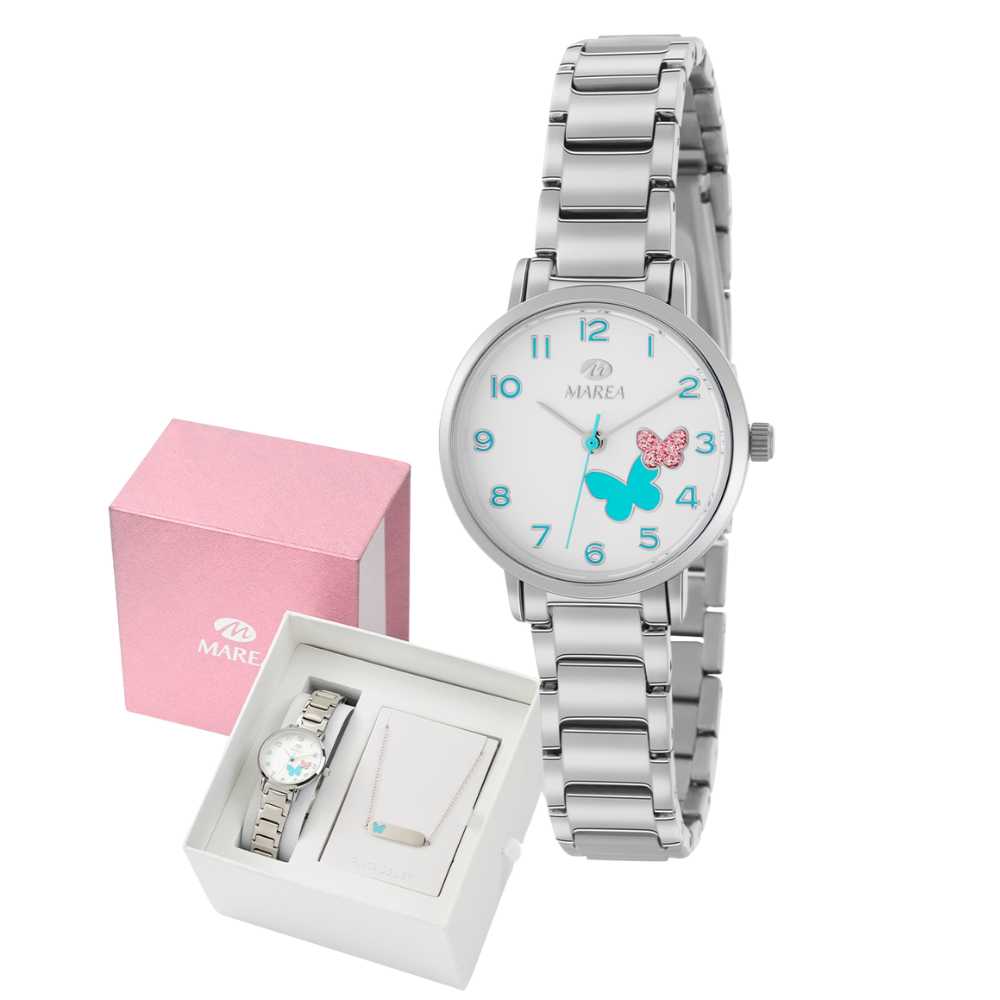 Reloj motivo mariposa rosa y turquesa incluye pulsera set