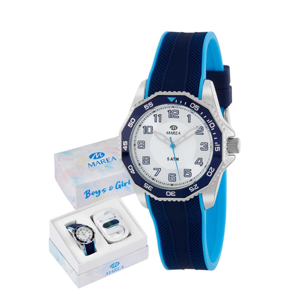 Reloj azul de niño con esfera blanca y detalles azules set con audífonos