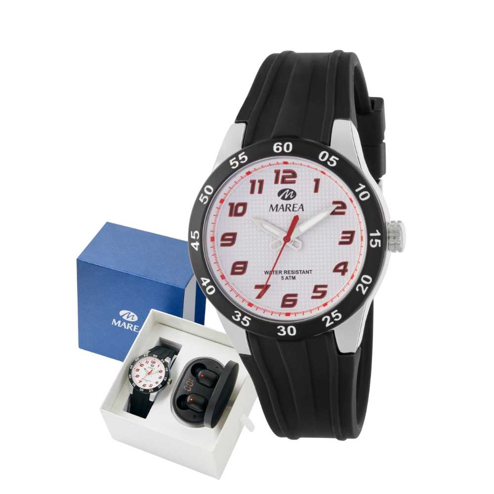 Reloj negro con brazalete de silicona esfera blanca set incluye audífonos negros