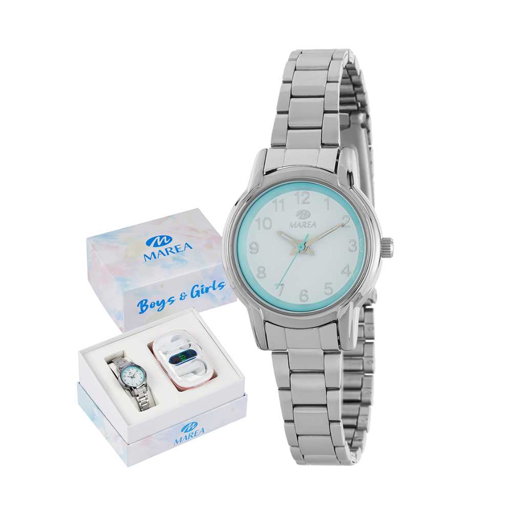 Set de reloj de acero esfera turquesa con detalles y audifonos gratis