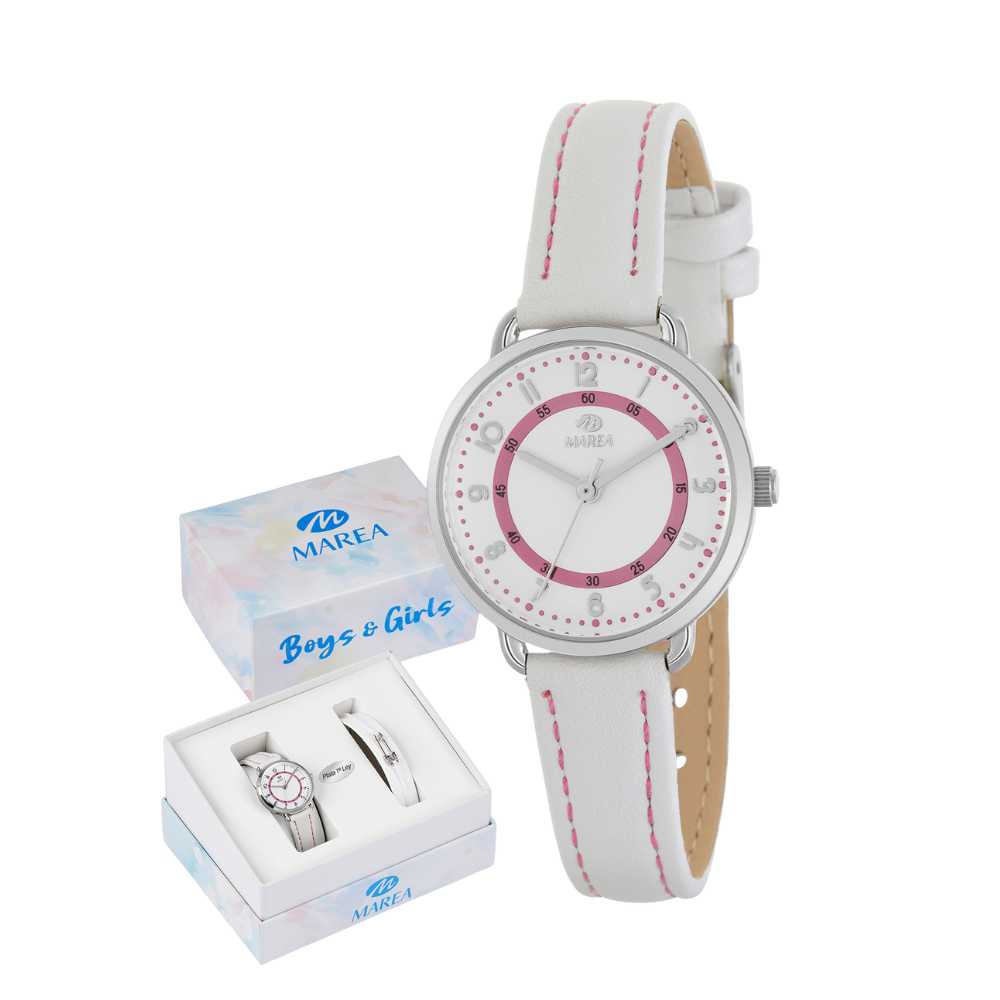 Reloj blanco piel con detalles rosas y pulsera