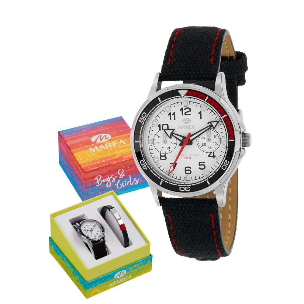 Reloj negro con detalles rojos y pulsera de piel de color negro