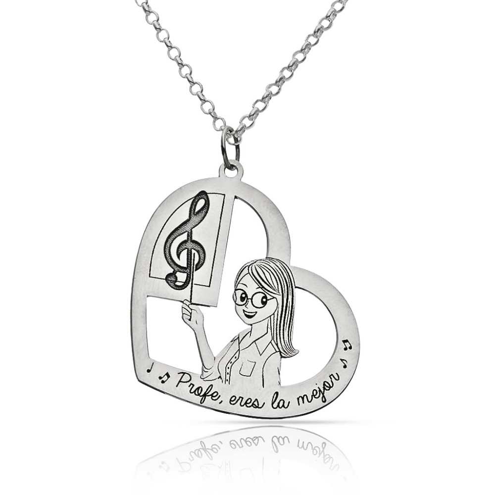 Gargantilla para maestra con forma de corazón y grabado de música.