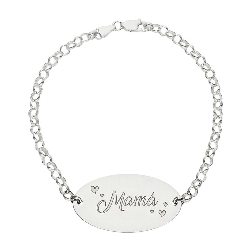 Pulsera de plata para mama con grabado en chapa ovalada.