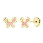 pendientes oro amarillo mariposa esmalte rosa