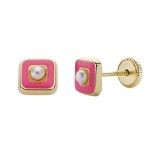 pendientes oro amarillo perla esmalte rosa