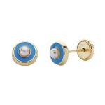 pendientes oro redondos perla esmalte azul